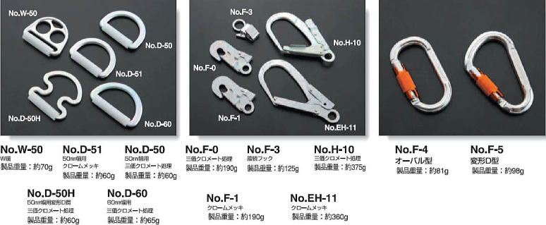 W環 W-50 D環 No.D-50H、No.D-51、No.D-60、No.D-50 フック No.F-0、No.F-1 接続フック No.F-3 フック No.EH-11、No.H-10 アルミカラビナ No.F-4、No.F-5