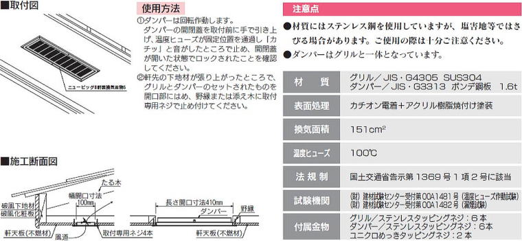 ビッグⅡ/ニュービッグⅡ軒裏換気金物S 取付図・施工断面図・使用方法・注意点