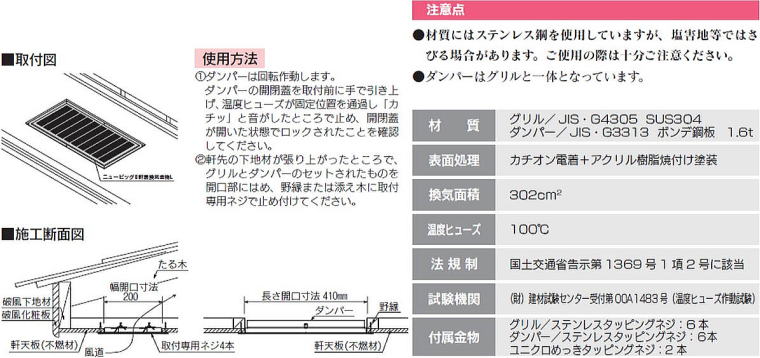 ビッグⅡ/ニュービッグⅡ軒裏換気金物L 取付図・施工断面図・使用方法・注意点