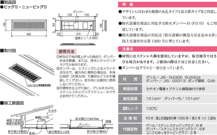 ビッグ/ニュービッグ軒裏換気金物S 製品図・取付図・施工断面図・特長・注意点