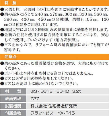 ビス止め耐震梁受け金物（肩掛けあり） 特長・注意点