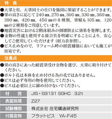 ビス止め耐震梁受け金物（肩掛けなし） 特長・注意点