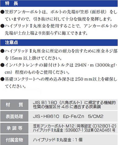 ハイブリッドⅡ 笠形アンカーボルトM12 特長・注意点