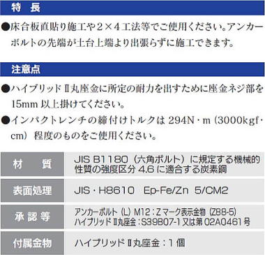 ハイブリッドⅡ アンカーボルト(L)M12 特長・注意点