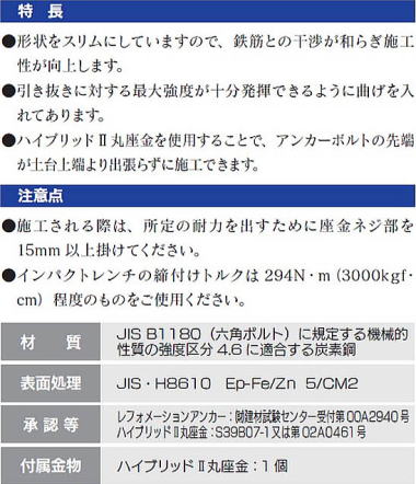 ハイブリッドⅡ レフォメーションアンカーボルト M12 特長・注意点