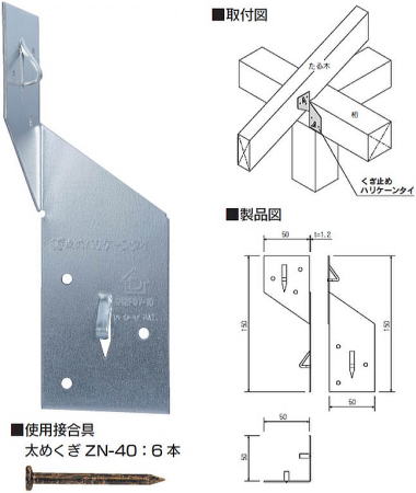 くぎ止めハリケーンタイ 製品図・取付図・使用接合具