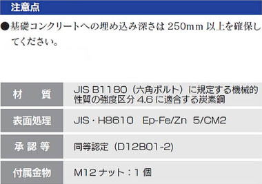 軸太・笠形アンカーボルトM12 注意点