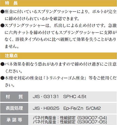 バネ付角座金・バネ付丸座金 特長・注意点