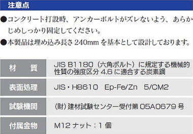 メモリーアンカーボルト M12 注意点