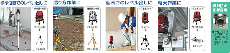 標準位置でのレベル出しに/遣り方作業に/低所でのレベル出しに/軽天作業に/反射防止形状採用